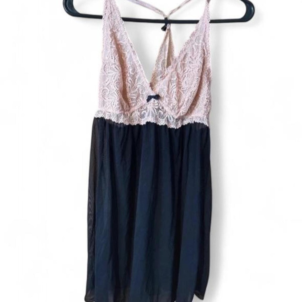 La Vie en Rose Pink Lace Underbust Babydoll Chemise Sheer Black Slip Large